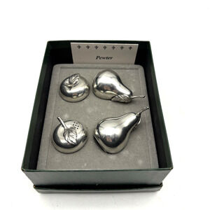 1960s 2 Sets Kirk Stieff Pewter Silver-tone Pear Apple Mini Salt Pepper Shakers